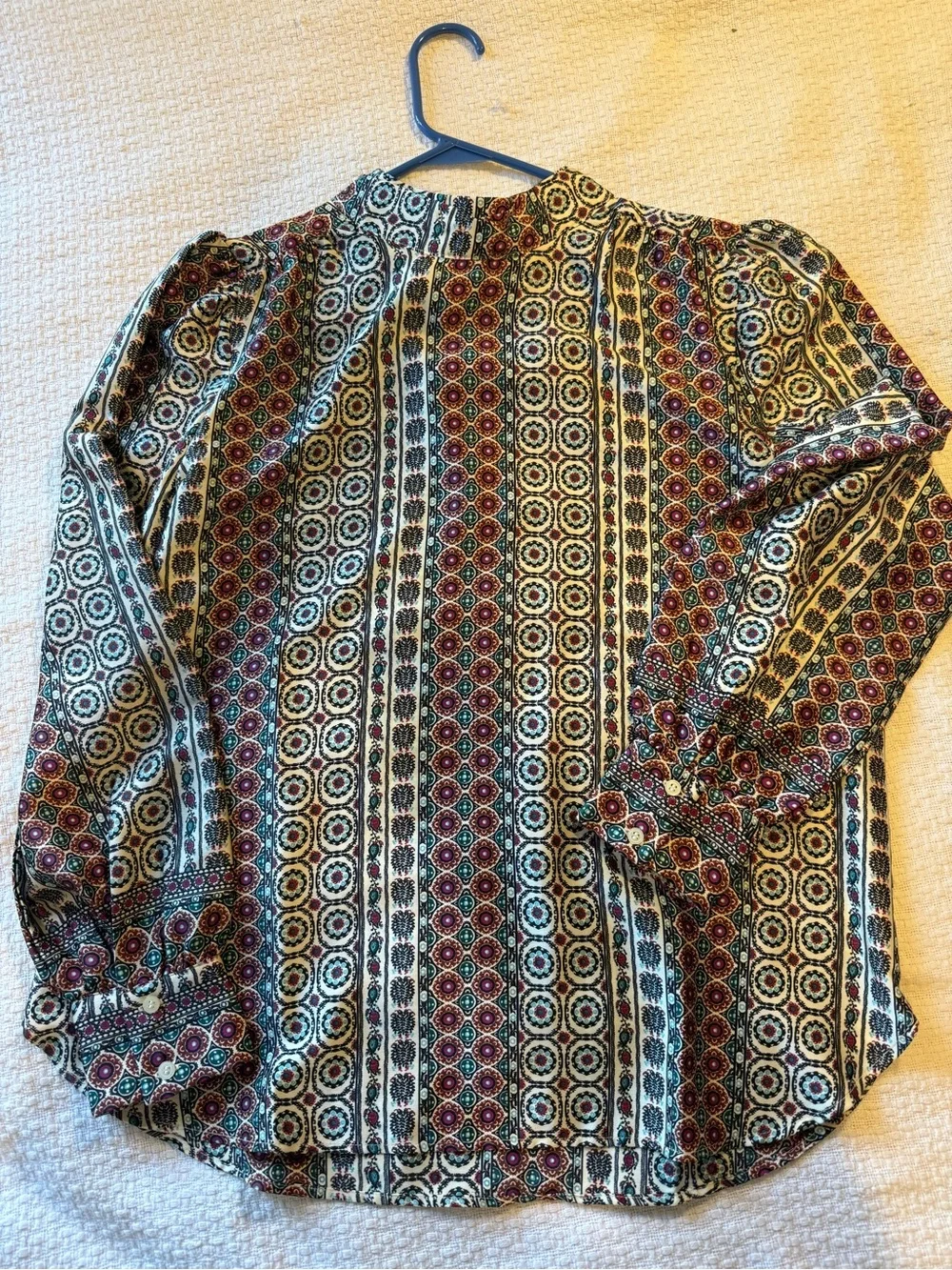 LOFT Cream Blouse with Burgundy & Teal Medallion Print